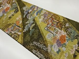 御所車に松・草花模様織出し袋帯